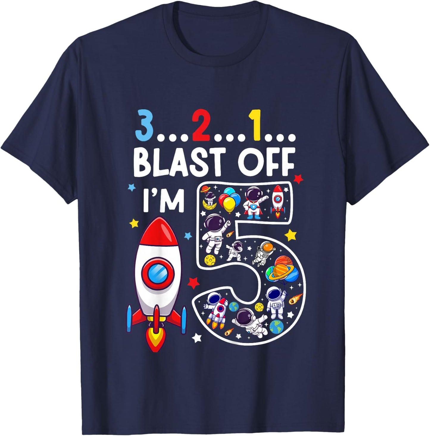 Kids 5 Year Old Astronaut Outer Space Birthday 5th Birthday Boys T-Shirt - T-Shirt | Navy