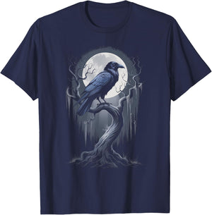 Black Crow Raven Bird Moon Forest T-Shirt - T-Shirt | Navy