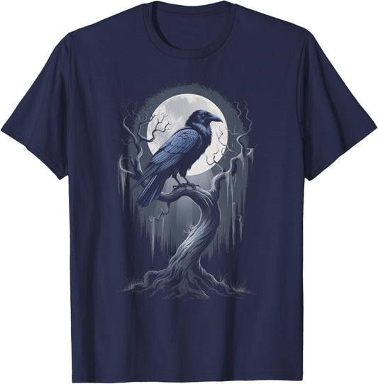 Black Crow Raven Bird Moon Forest T-Shirt - T-Shirt | Navy