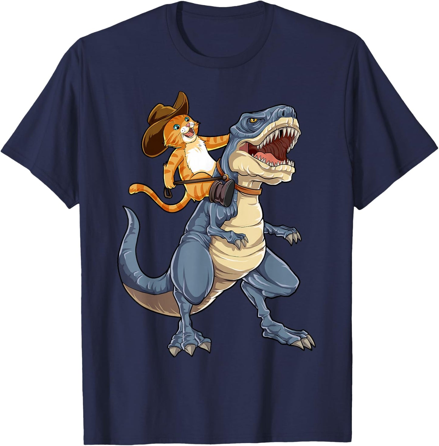 Feline Pawsitive Cat Co Kids Cat Riding Dinosaur T Rex Funny Purrassic Kitty Kitten Lover T-Shirt - T-Shirt | Navy