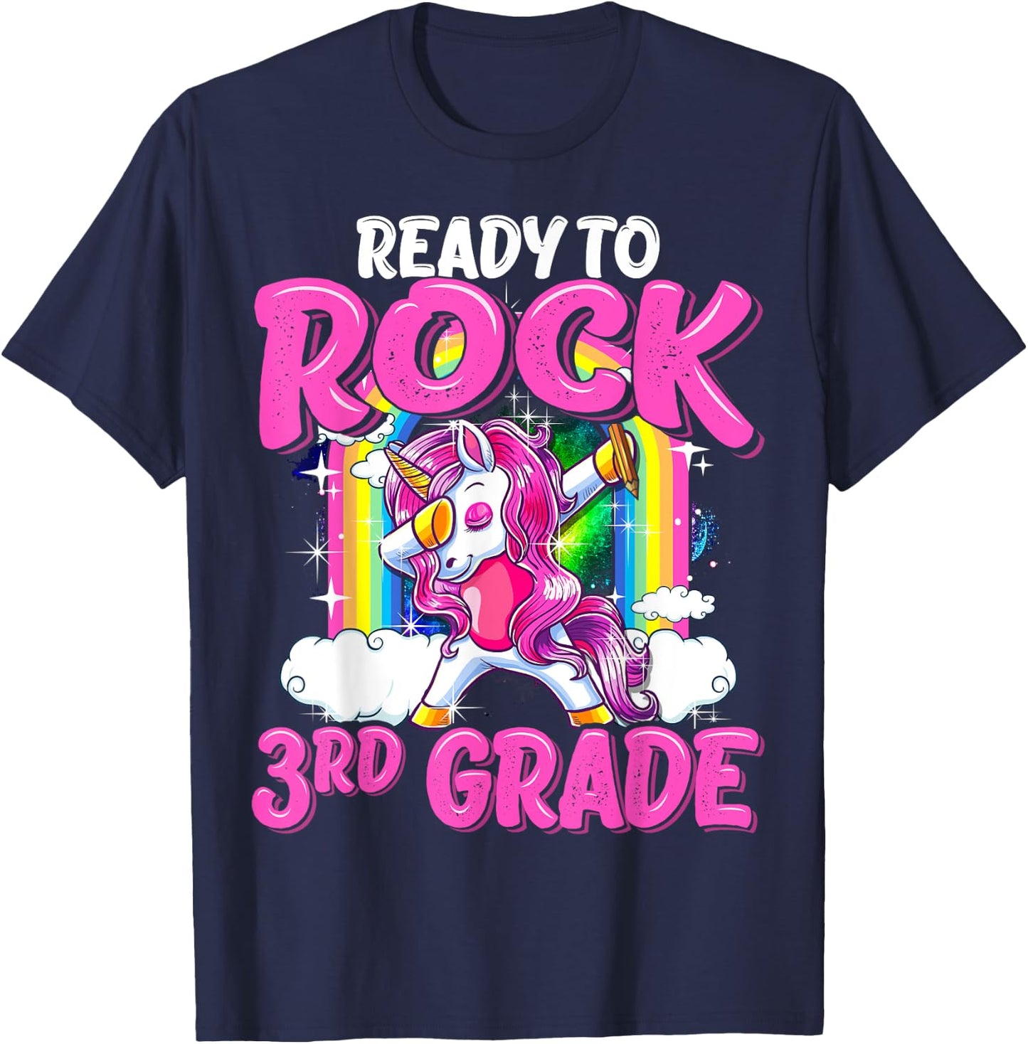 Ready To Rock 3rd Grade Dabbing Unicorn Back To School Girls T-Shirt - T-Shirt | Navy