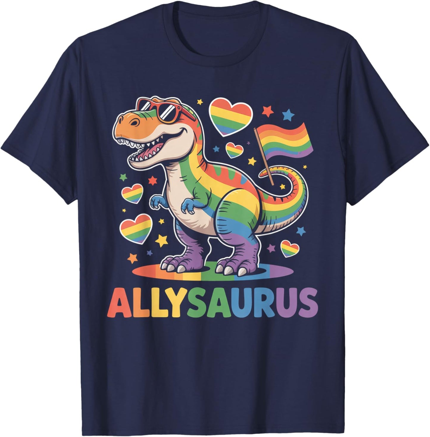 Allysaurus Dinosaur LGBTQ Ally Pride Support Rainbow Flag T-Shirt - T-Shirt | Navy