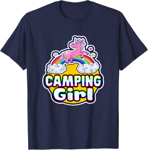 Camping Girl Cute Rainbow Unicorn Party Camper T-Shirt - T-Shirt | Navy