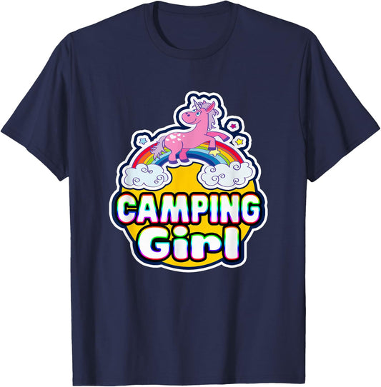 Camping Girl Cute Rainbow Unicorn Party Camper T-Shirt - T-Shirt | Navy