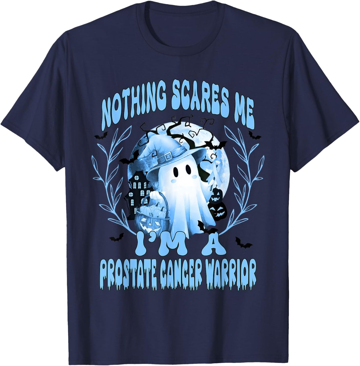Halloween Prostate Cancer Nothing Scares Me Boo Blue Ribbon T-Shirt - T-Shirt | Navy