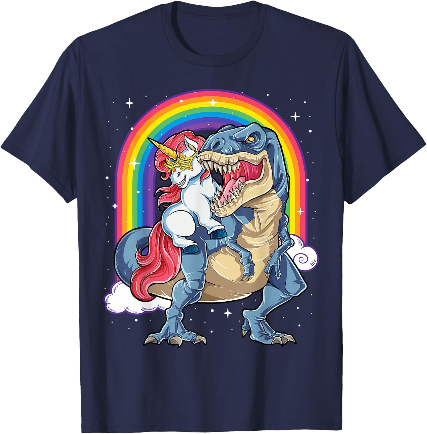 Unicorn Riding T rex Dinosaur Boys Girls Men Women Rainbow T-Shirt - T-Shirt | Navy