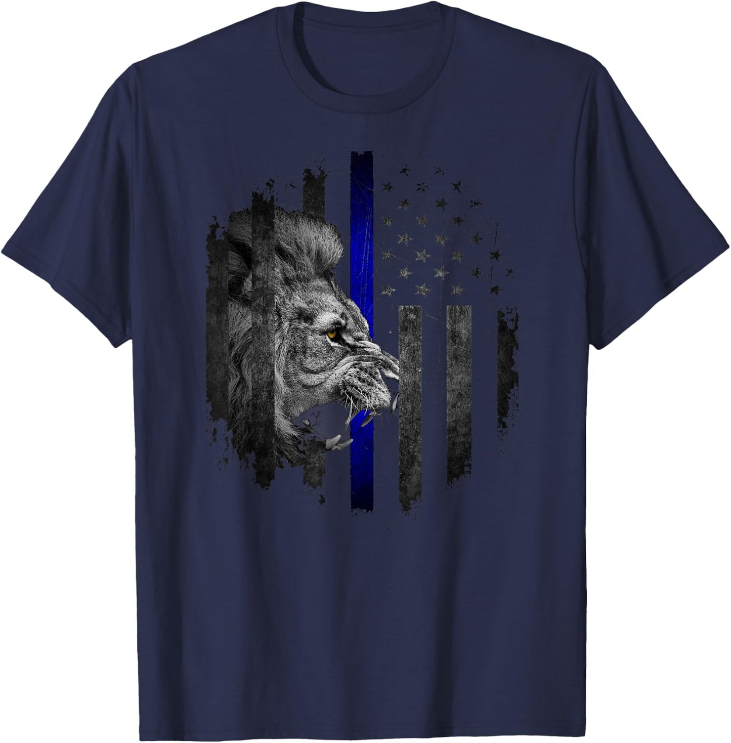 Thin Blue Line Distressed Police Powerful Lion Warrior Shirt T-Shirt - T-Shirt | Navy