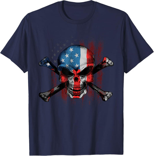 Skull Bones American USA Flag Vintage Patriotic T-Shirt - T-Shirt | Navy