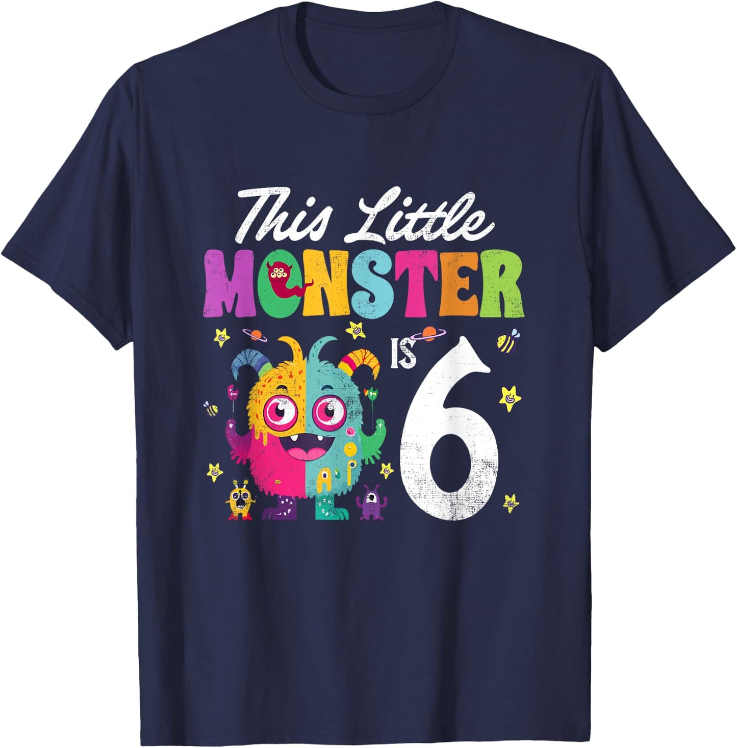 This Little Monster is Six 6th Birthday Party Baby Monster T-Shirt - T-Shirt | Navy