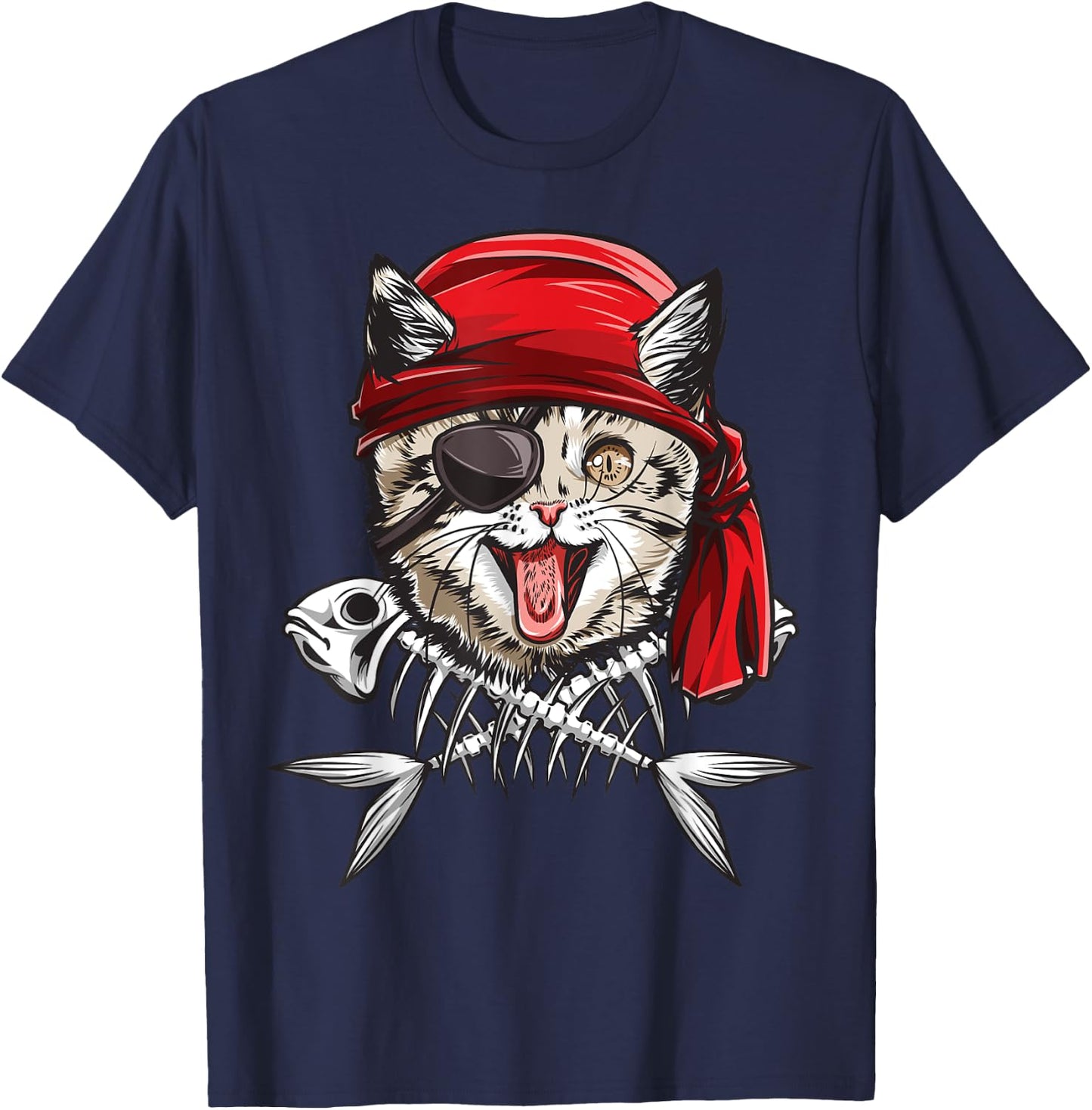 Cat Pirate Boys Men Jolly Roger Flag Skull And Crossbones T-Shirt - T-Shirt | Navy