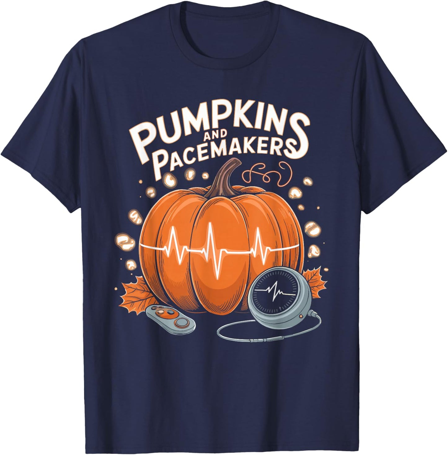Pumpkins and Pacemakers Halloween Cardiology T-Shirt - T-Shirt | Navy