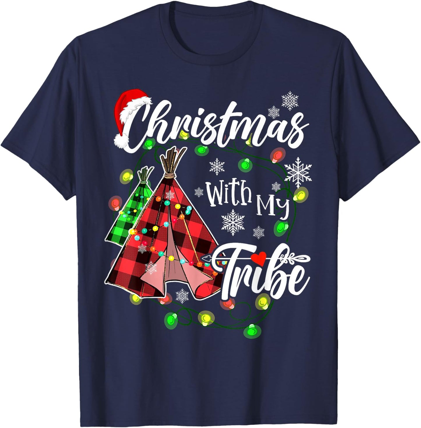Christmas With My Tribe Family Plaid Pajamas Xmas Lights T-Shirt - T-Shirt | Navy