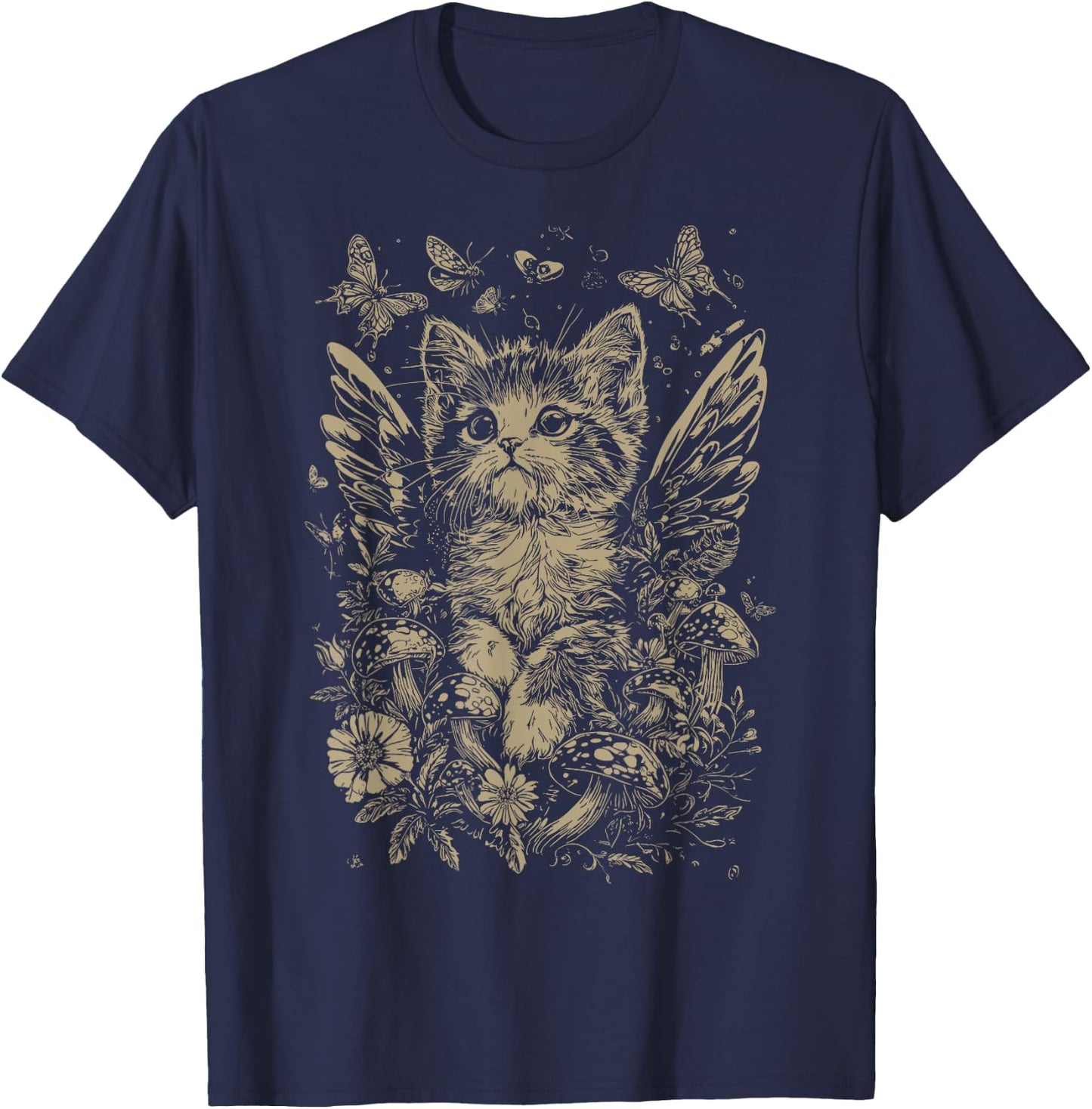 Cute Fairycore Floral Cat Aesthetic Girls Women Fairy Cat T-Shirt - T-Shirt | Navy