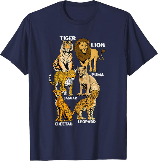 Wildcats Of The World Kids Lion Cheetah Tiger Jaguar Leopard T-Shirt - T-Shirt | Navy