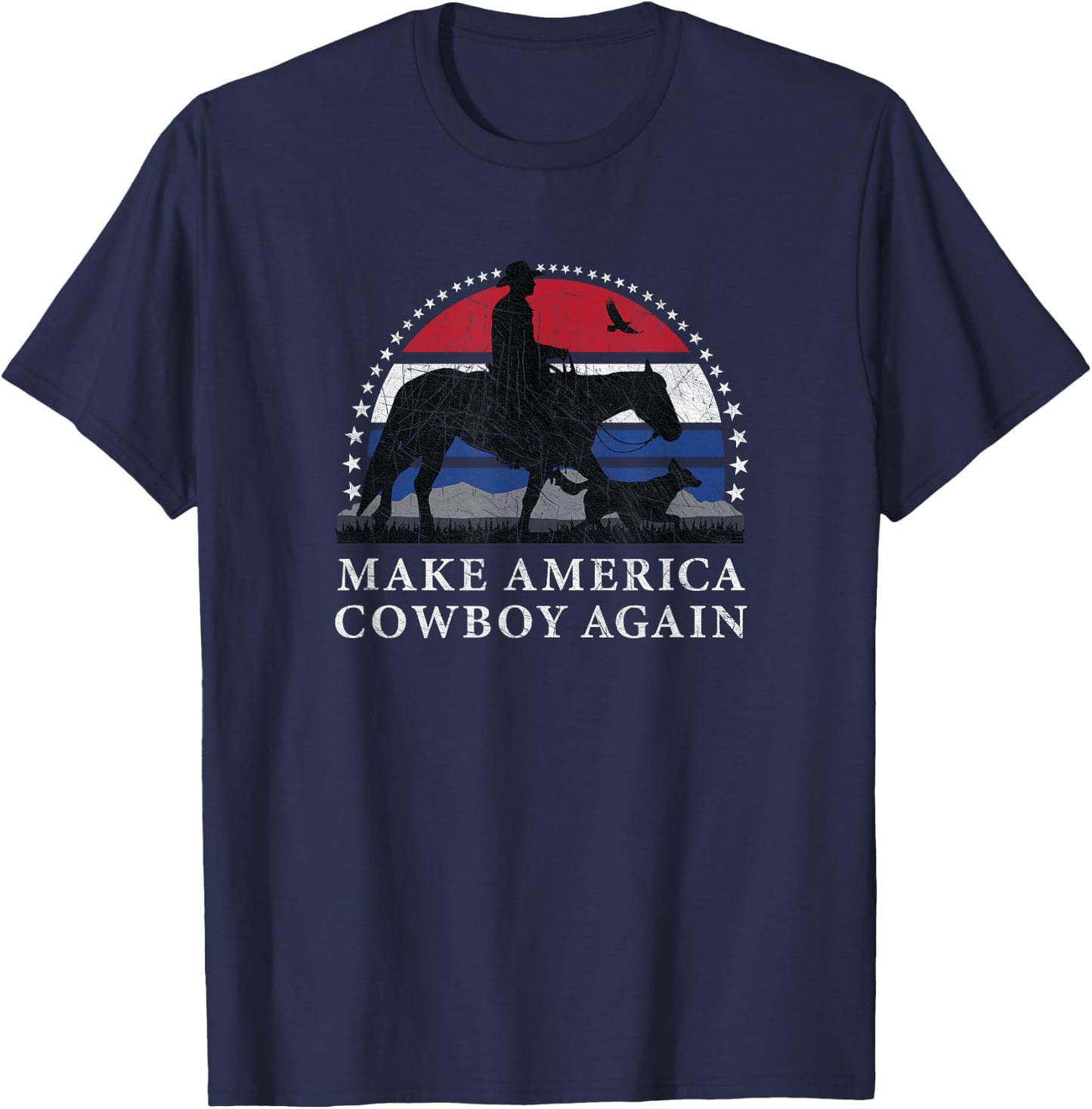 MAKE AMERICA COWBOY AGAIN, HORSE AND DOG DESIGN, FUNNY Gift T-Shirt - T-Shirt | Navy