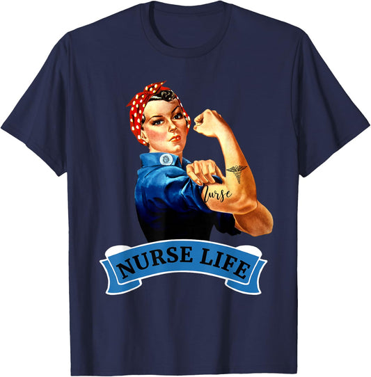 Rosie the Riveter Vintage Nurse Life RN Appreciation Gift T-Shirt - T-Shirt | Navy