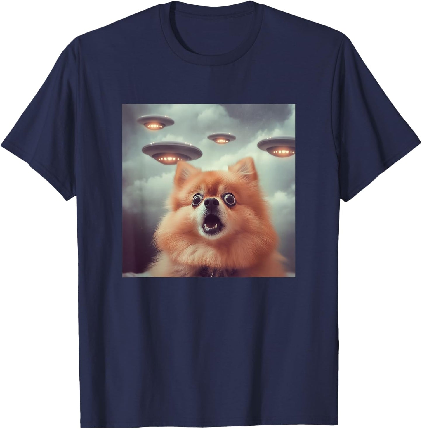 Pomeranian Selfie with UFOs Strange Print Graphic Space Funny T-Shirt - T-Shirt | Navy