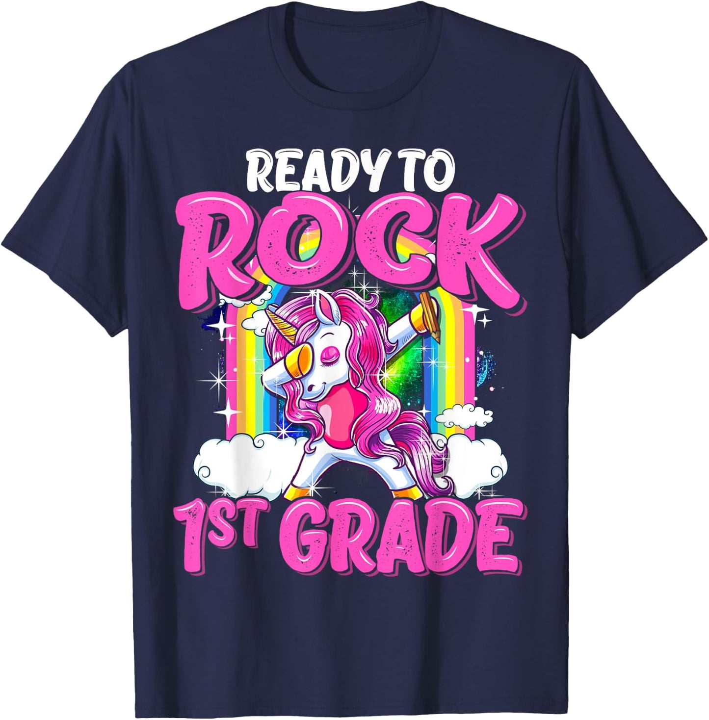 Ready To Rock 1st Grade Dabbing Unicorn Back To School Girls T-Shirt - T-Shirt | Navy