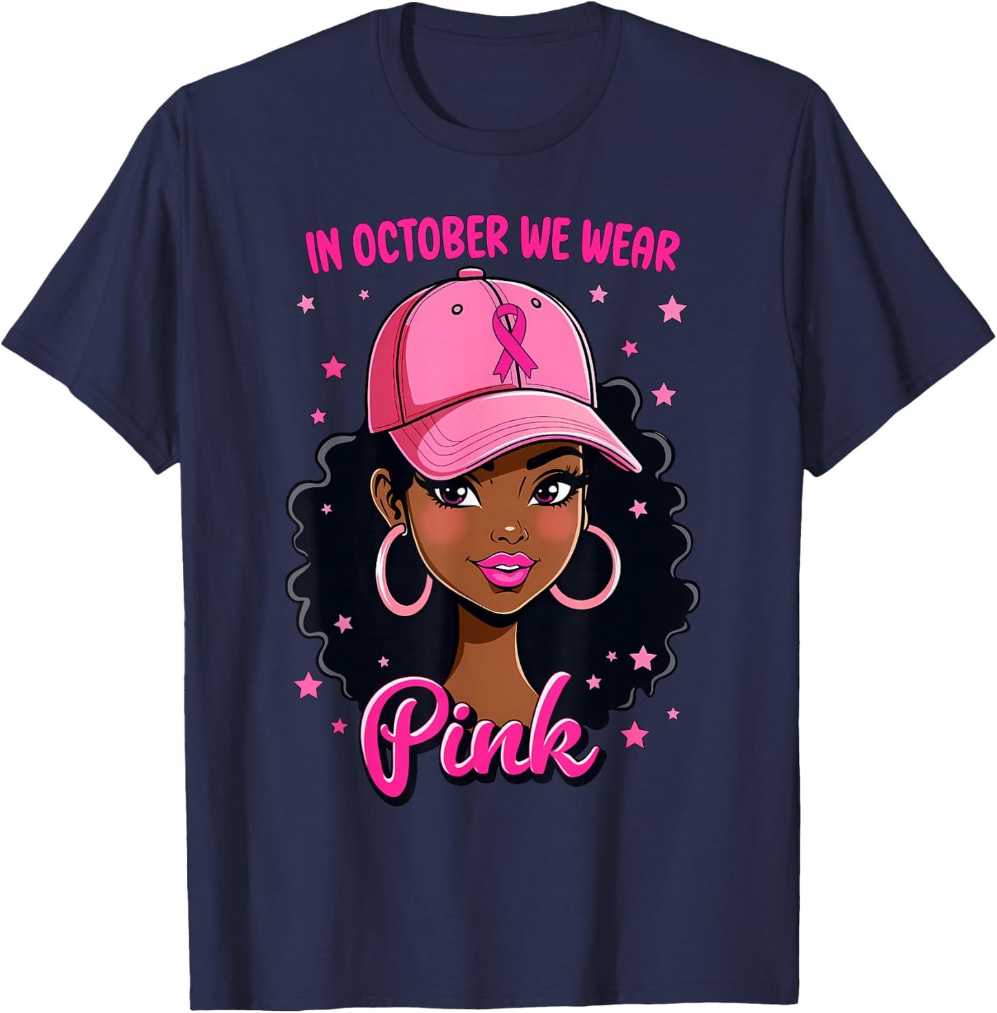 In October We Wear Pink Breast Cancer Awareness Black Girl T-Shirt - T-Shirt | Navy