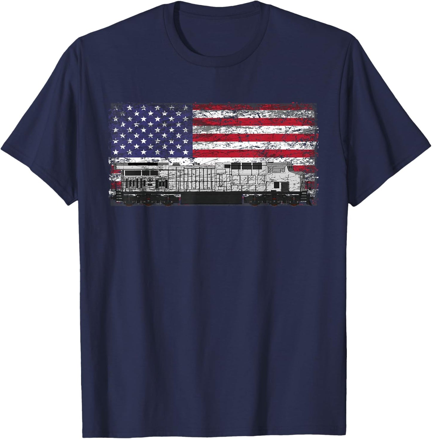Train Railroad American Flag T Shirt T-Shirt - T-Shirt | Navy