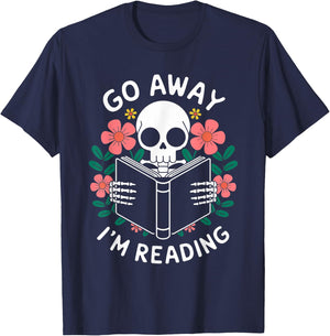 Funny Go Away I'm Reading Skeleton Floral Design T-Shirt - T-Shirt | Navy