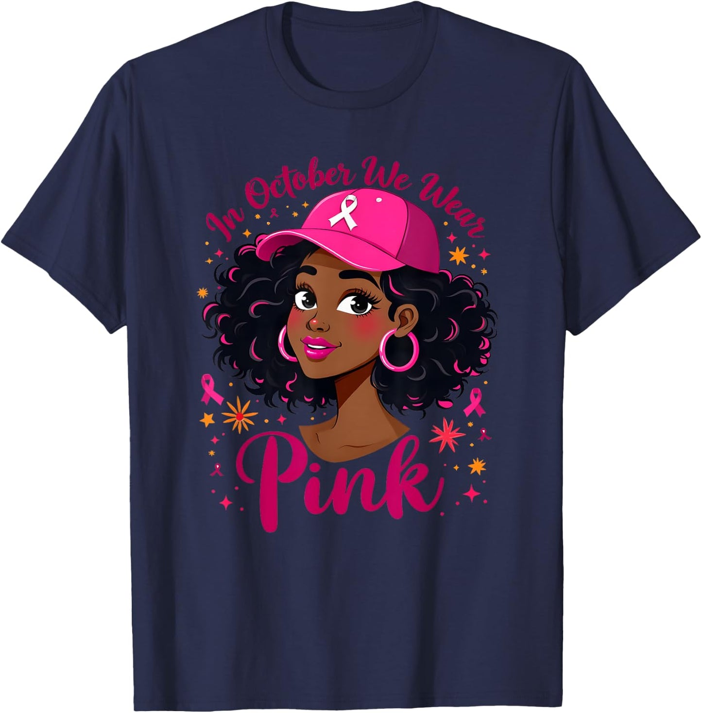 In October We Wear Pink Black Women Breast Cancer Awareness T-Shirt - T-Shirt | Navy