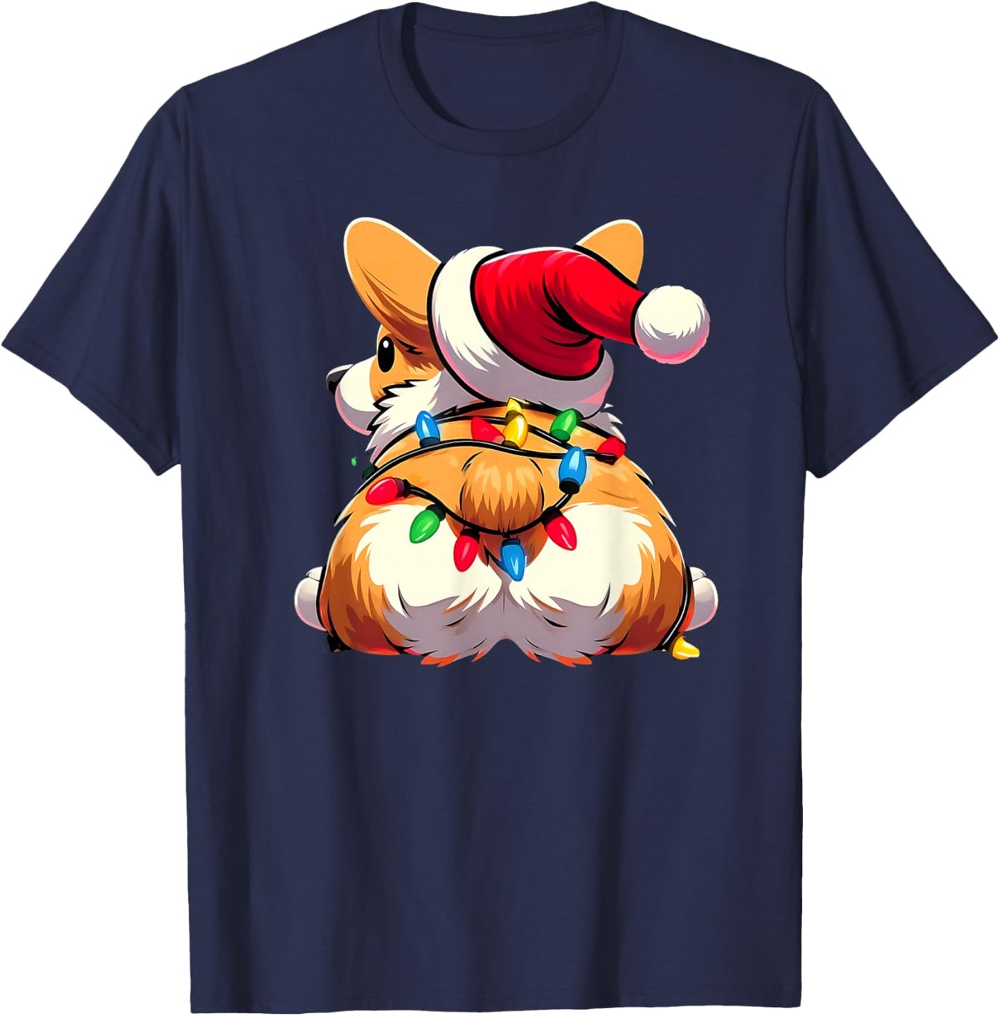 Corgi Butt Funny Xmas Santa Hat Light Christmas Cute Smile T-Shirt - T-Shirt | Navy