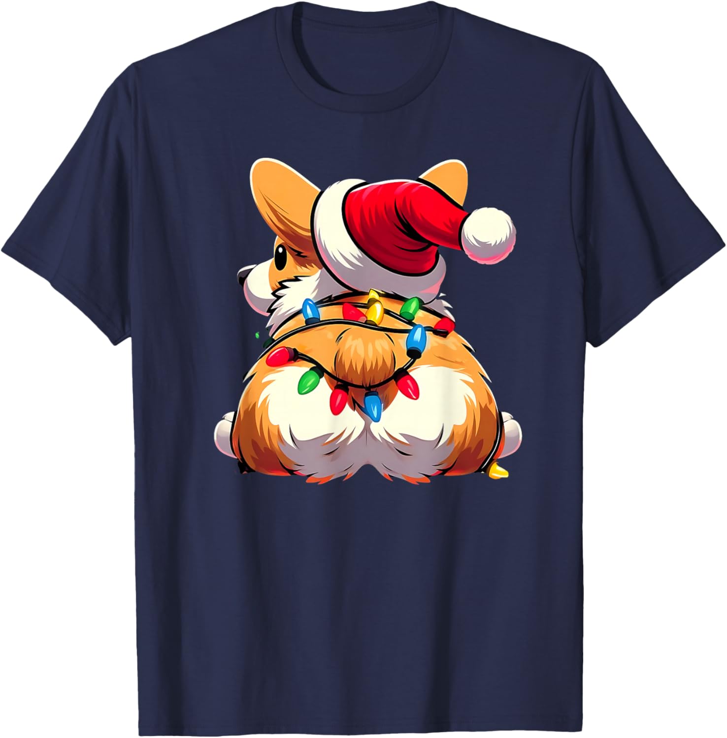 Corgi Butt Funny Xmas Santa Hat Light Christmas Cute Smile T-Shirt - T-Shirt | Navy