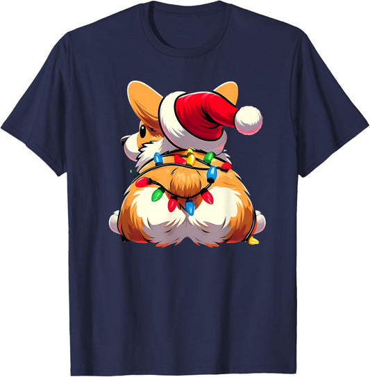 Corgi Butt Funny Xmas Santa Hat Light Christmas Cute Smile T-Shirt - T-Shirt | Navy