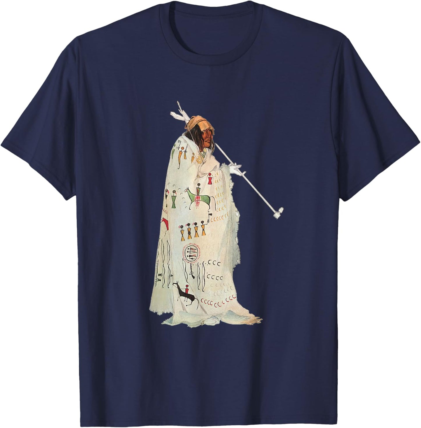 Native American Indian with Pipe by Karl Bodmer T-Shirt - T-Shirt | Navy