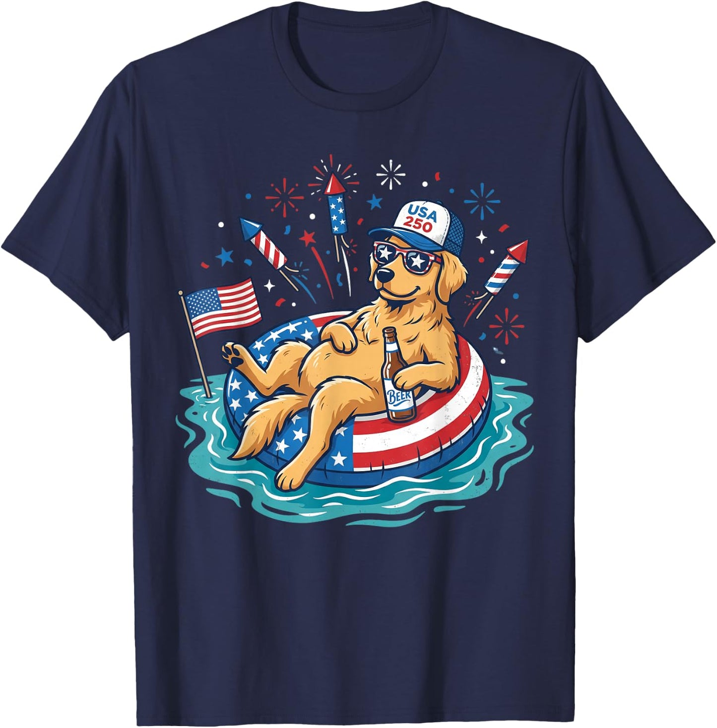 Patriotic Golden Retriever Beer Floatie USA Flag 4th of July T-Shirt - T-Shirt | Navy