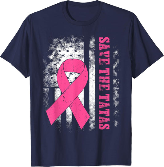 Save The Tatas Breast Cancer Awareness USA Flag Pink Ribbon T-Shirt - T-Shirt | Navy