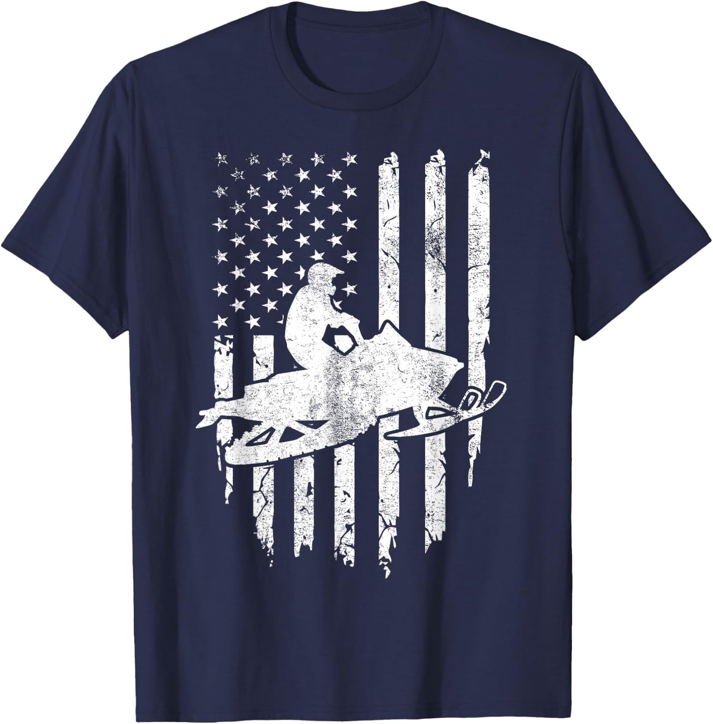Vintage American Flag Snowmobiling Snowmobile Rider T-Shirt - T-Shirt | Navy