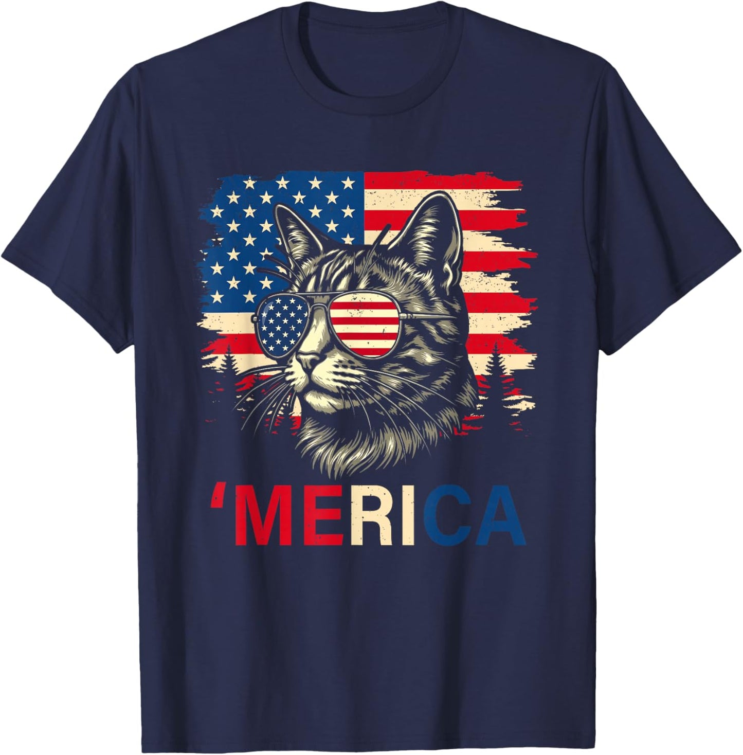 'Merica Cat Patriotic USA Flag Sunglasses Funny Men Women T-Shirt - T-Shirt | Navy