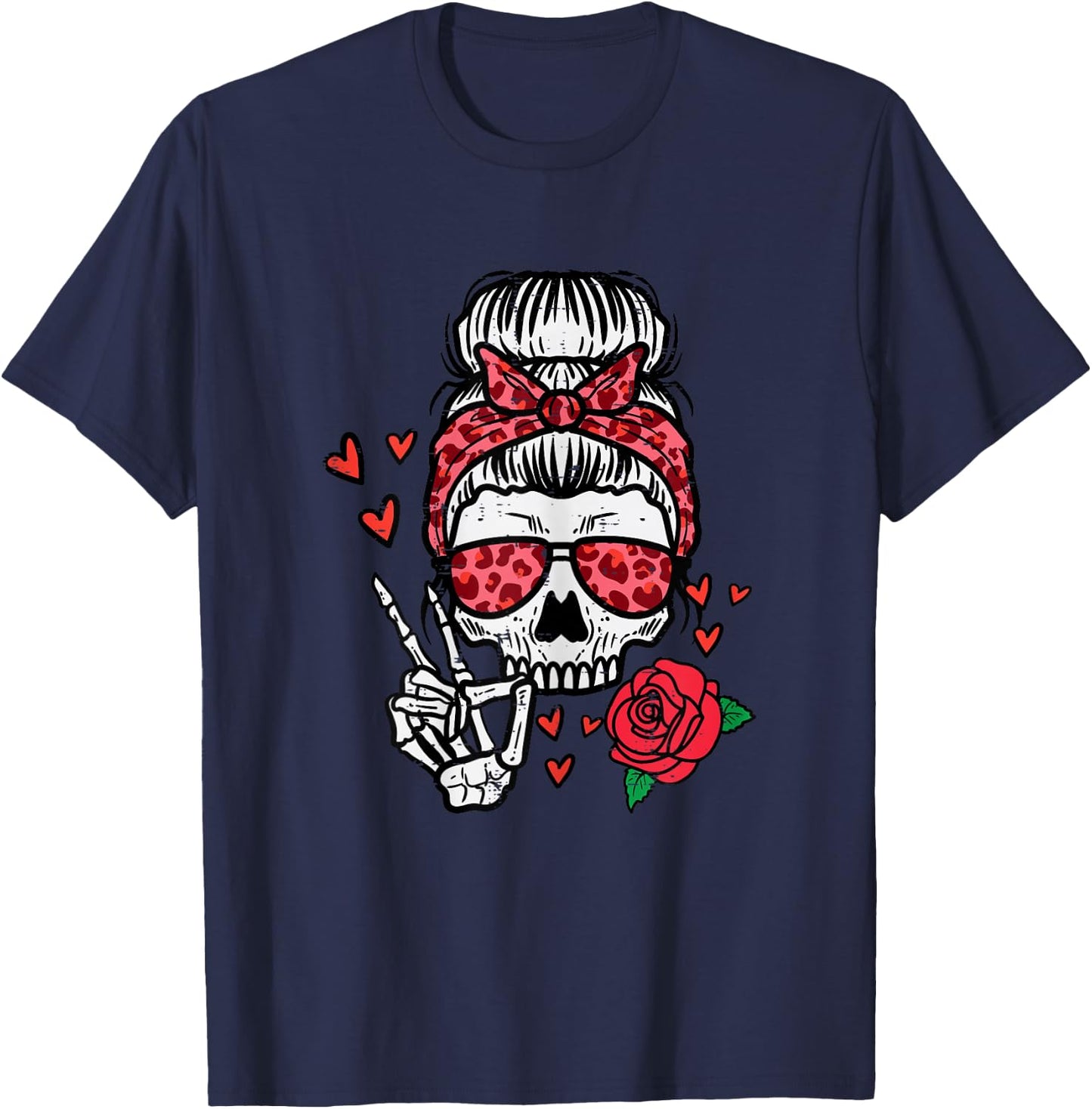 Valentines Skeleton Leopard Messy Bun Peace Funny Women T-Shirt - T-Shirt | Navy