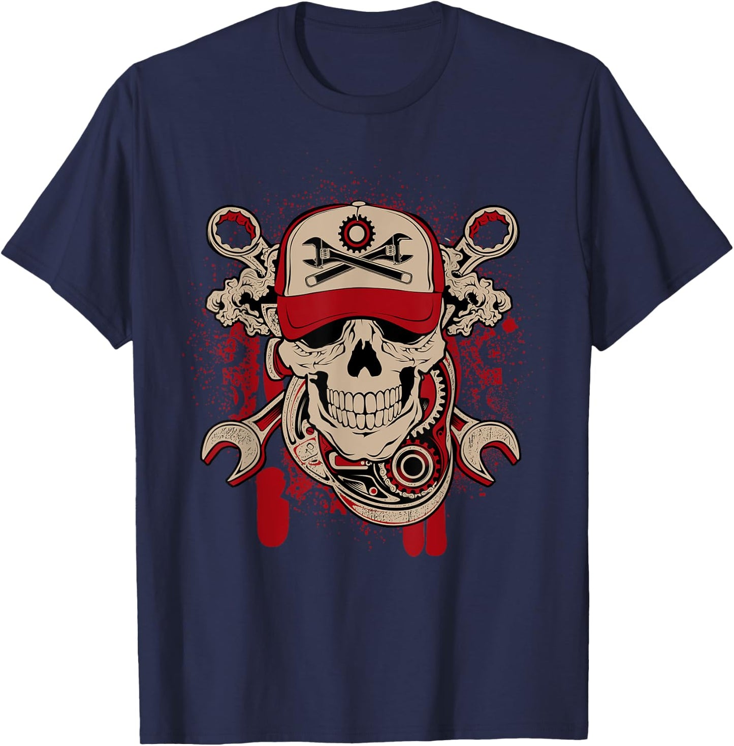 Vintage Mechanic Skull and Wrench Graphic T-Shirt - T-Shirt | Navy