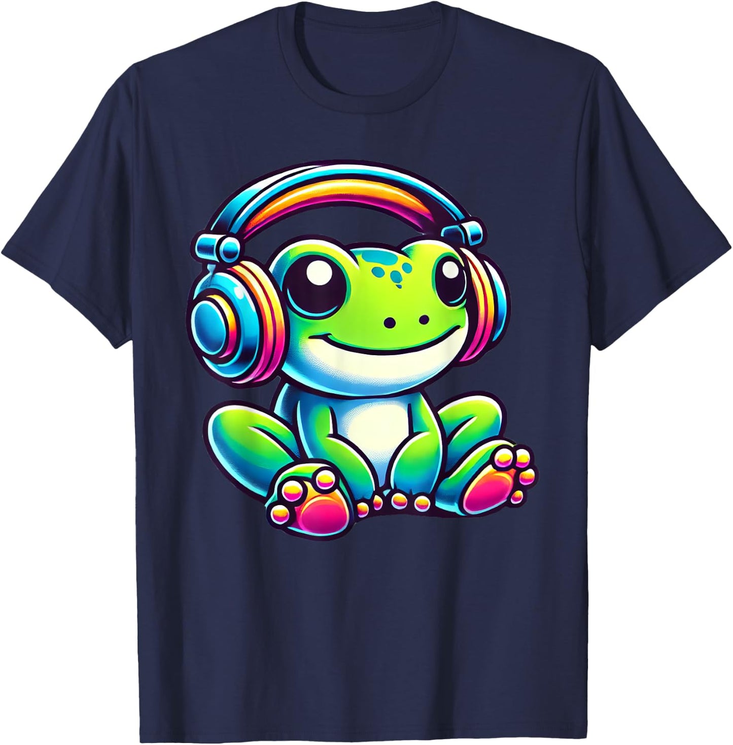 Cute Frog Wearing Headphones T-Shirt - T-Shirt | Navy