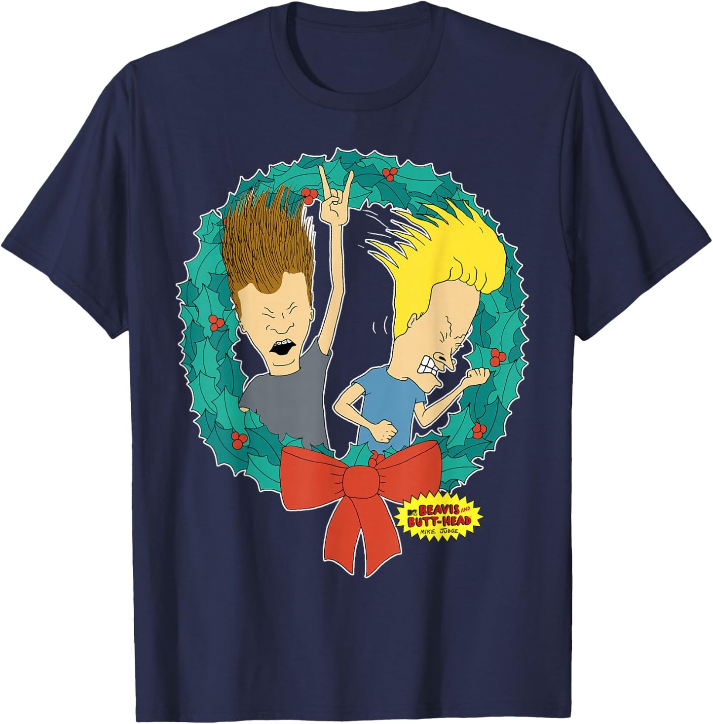 Beavis and Butt-Head Rock And Roll Wreath Christmas T-Shirt - T-Shirt | Navy