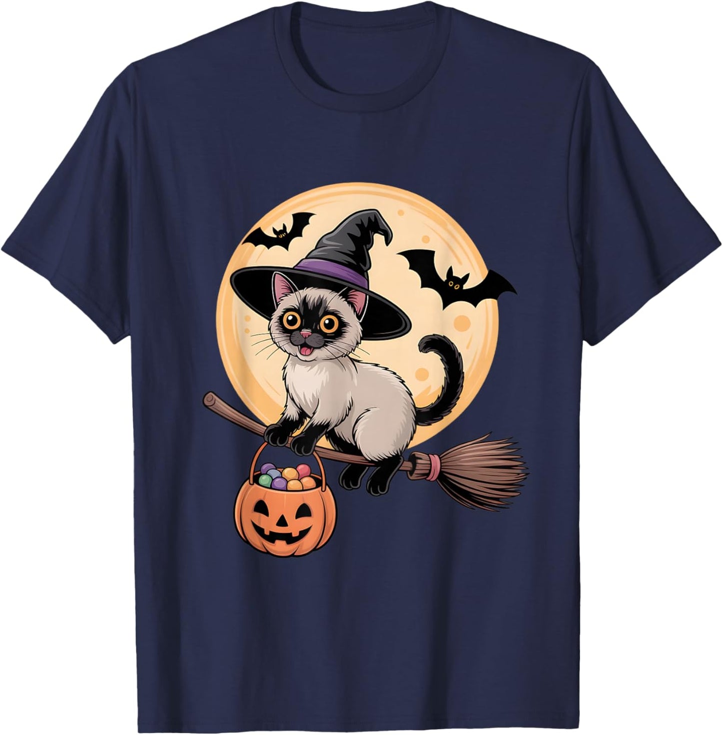 Siamese Cat Witch Hat Pumpkin Halloween Costume Men Women T-Shirt - T-Shirt | Navy