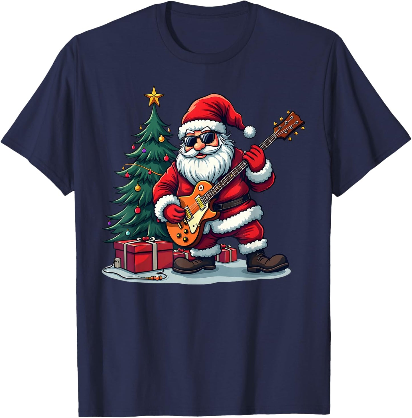 A rockstar Santa with a guitar in front of a Christmas tree T-Shirt - T-Shirt | Navy