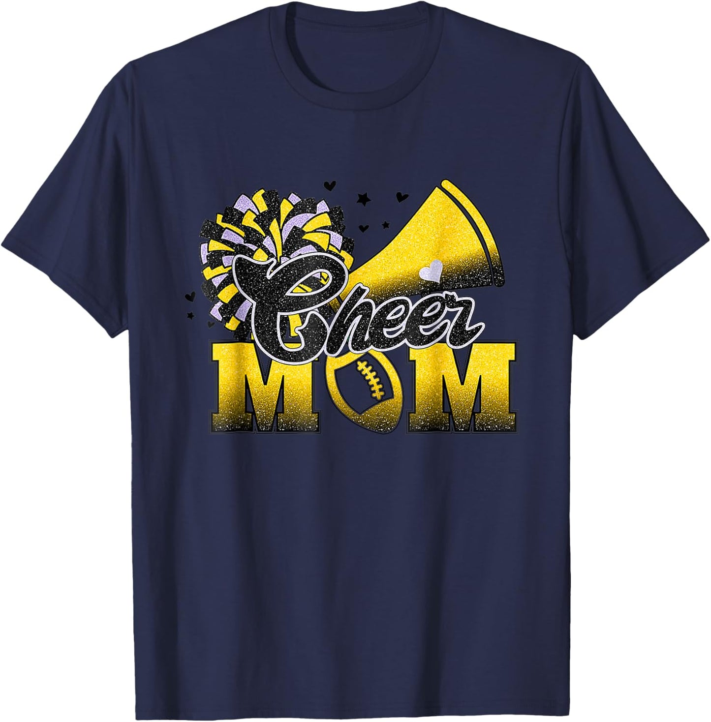 Football Cheer Mom Biggest Fan Cheerleader Black Yellow Gold T-Shirt - T-Shirt | Navy