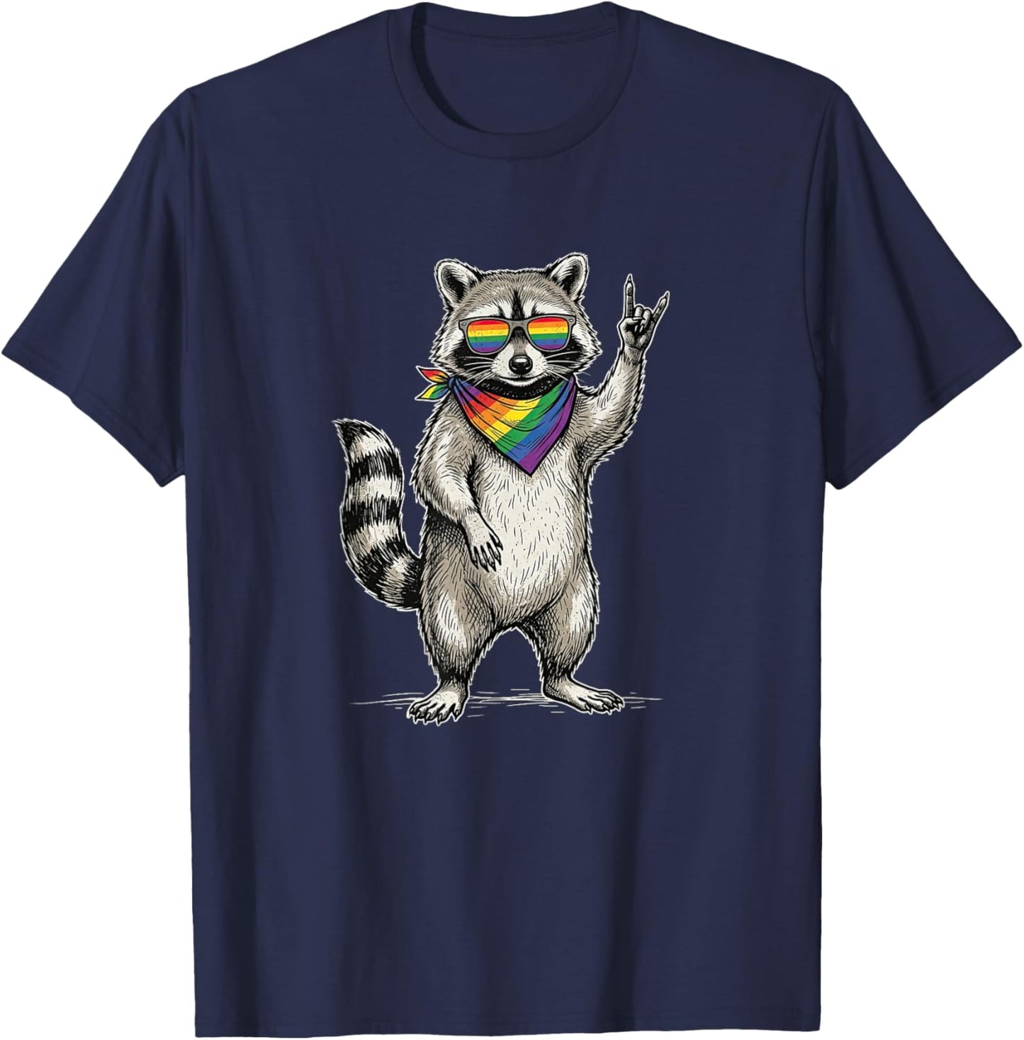 Rock Hand Raccoon Rainbow Flag LGBTQ Pride Month Men Women T-Shirt - T-Shirt | Navy