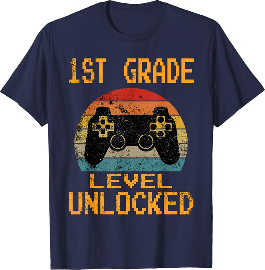 First Grade Level Unlocked Gamer 1st Day Of School Boys T-Shirt - T-Shirt | Navy