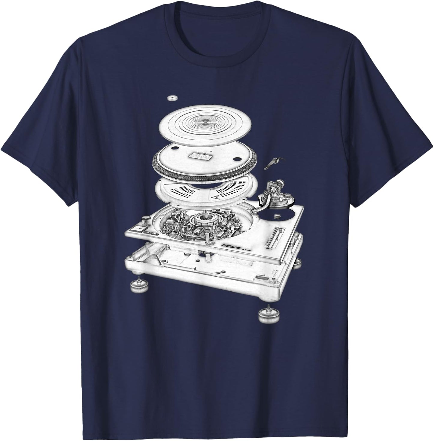 DJ Turntable 1210 MK2 Exploded Blueprint Design Small T-Shirt - T-Shirt | Navy