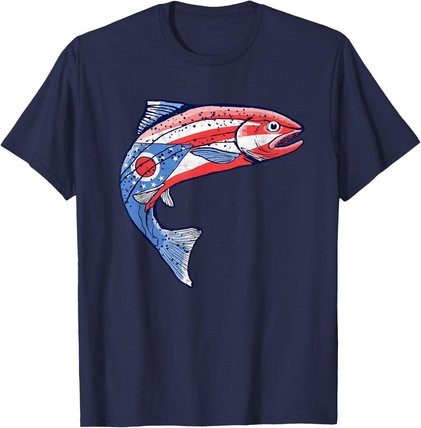 Retro Ohio Flag Trout Vintage Fly Fishing Graphic Design T-Shirt - T-Shirt | Navy