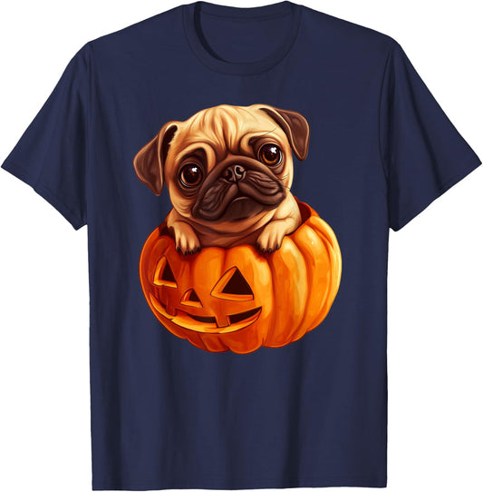 Pug in Pumpkin Halloween Pugkin | Cute Pug Halloween T-Shirt - T-Shirt | Navy