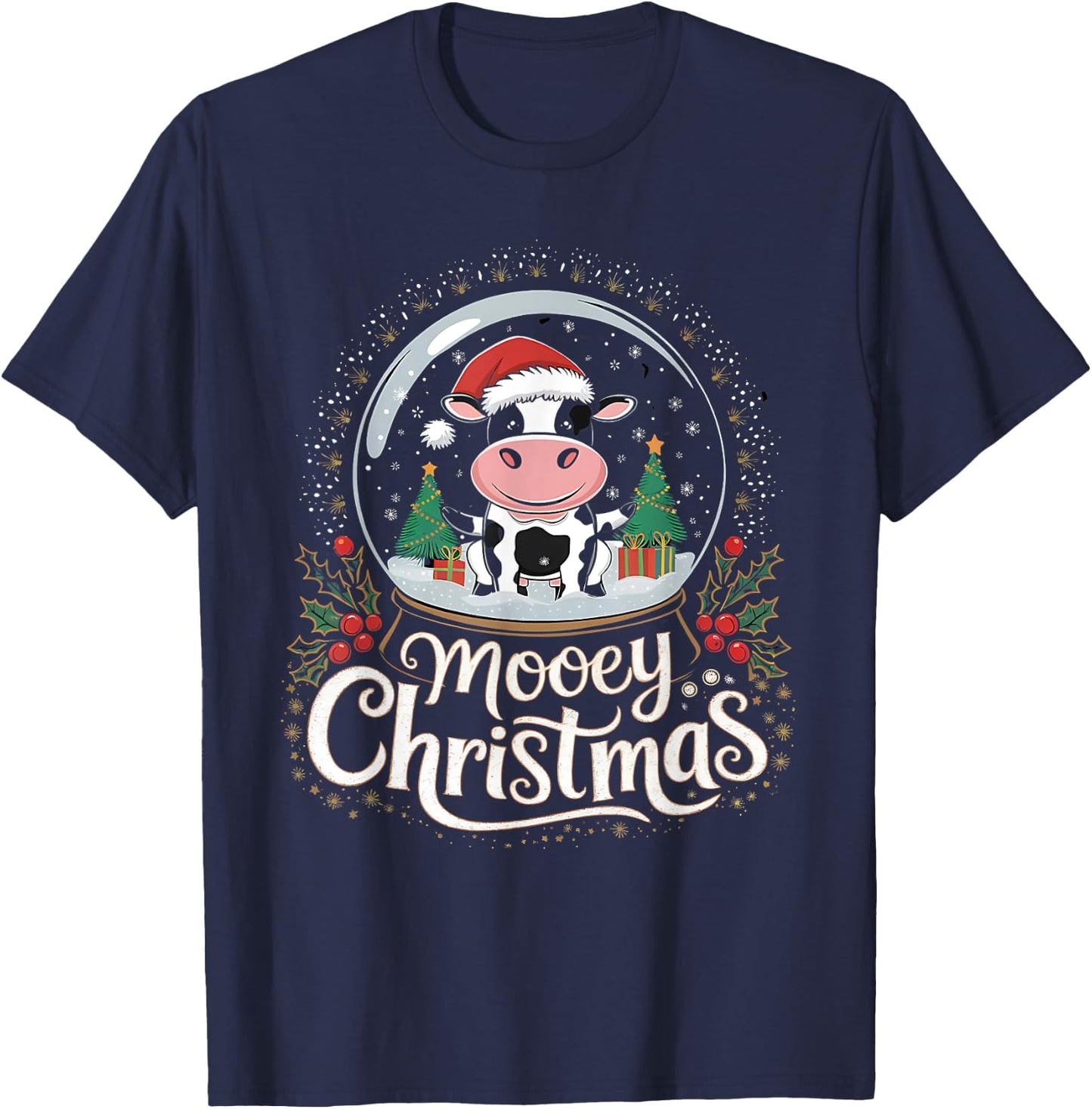 Mooey Christmas Cow Snow Globe Design | Festive Humor T-Shirt - T-Shirt | Navy