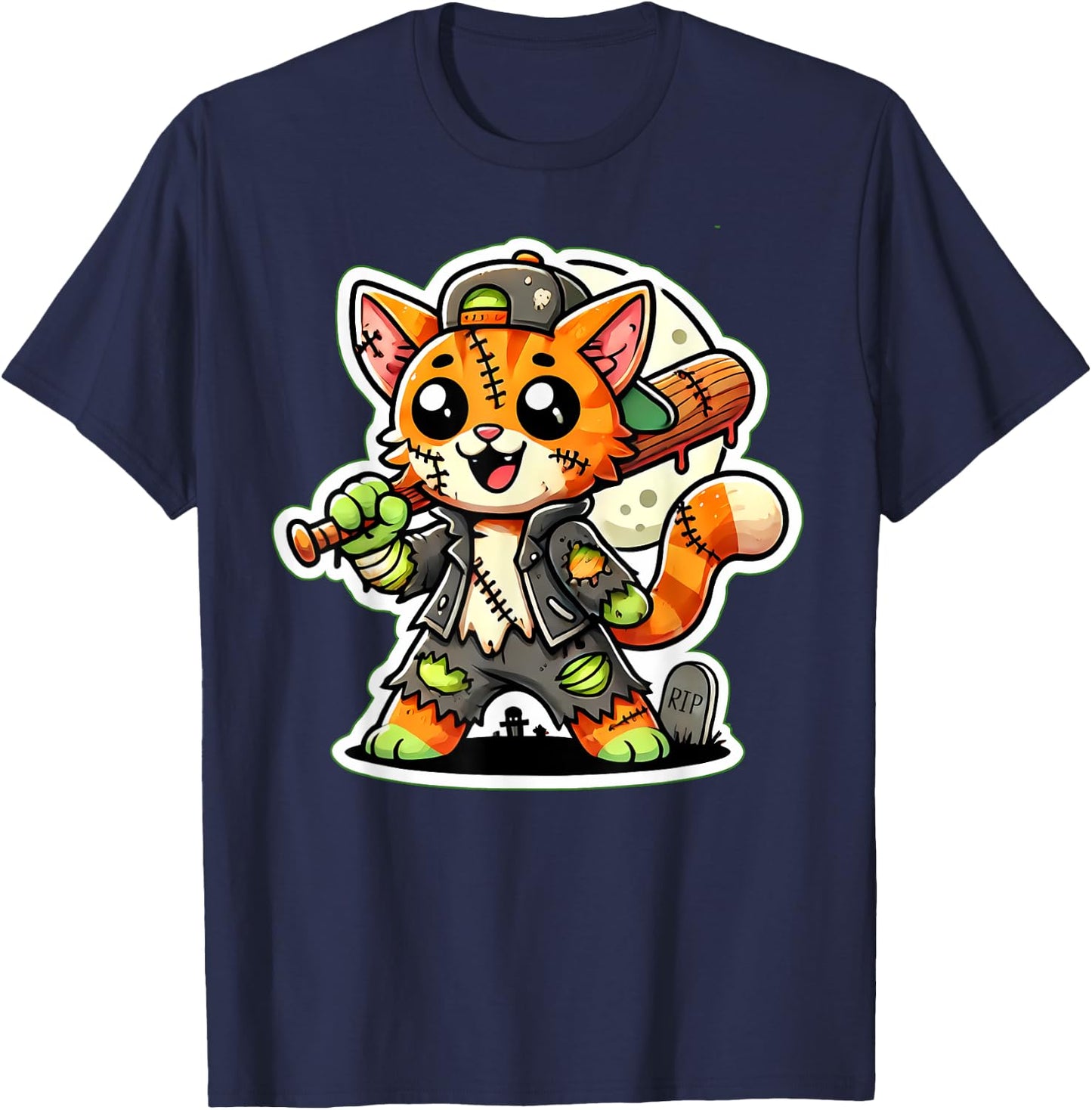 Cute Orange Cat Zombie Baseball Boy Halloween Party Kids T-Shirt - T-Shirt | Navy