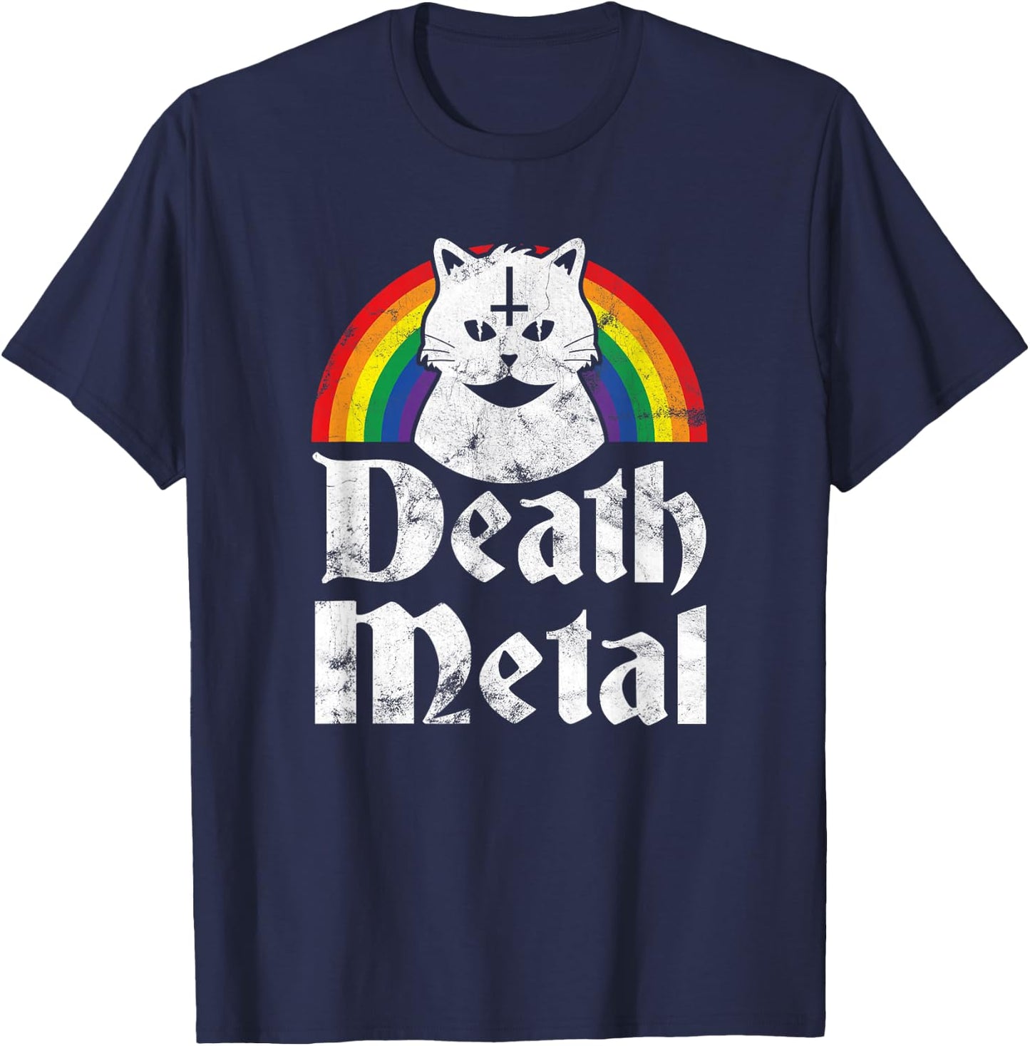 Death Metal Satanic Cat Rainbow Rock Goth Concert T-Shirt - T-Shirt | Navy