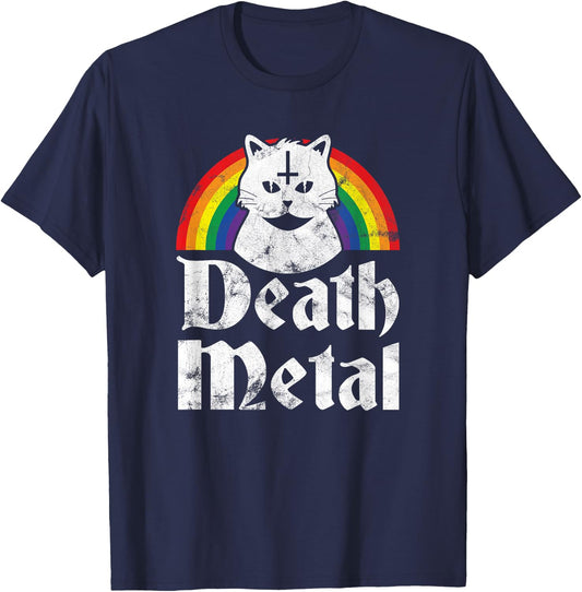 Death Metal Satanic Cat Rainbow Rock Goth Concert T-Shirt - T-Shirt | Navy